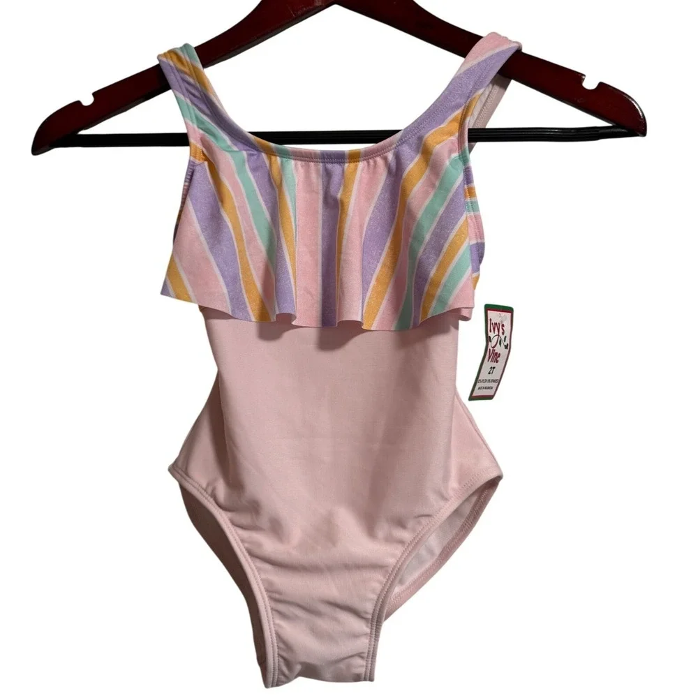 Ivy's‎ Vine Toddler Girls 2T One Piece Swimsuit Pink Pastel Striped Ruffle NWT